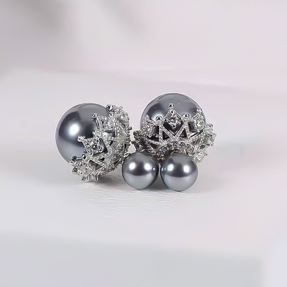 Pearlescent Gray Silver Crystal Pave Double Studs - Picture 8 of 8